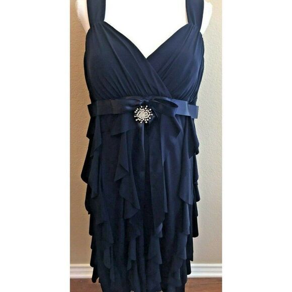 Small Halter Dress Navy Blue Satin Belt Jewel Pin - Picture 1 of 8